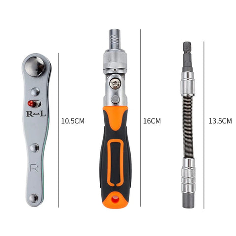 Two Way Ratchet Screwdriver Hand Tool Set With Plastic Toolbox Storage Case Socket Wrench And Repair Tools Kit For Home Improvement Durable Aluminum Alloy Ratchet For Quick Projects, showing dimensions of components.