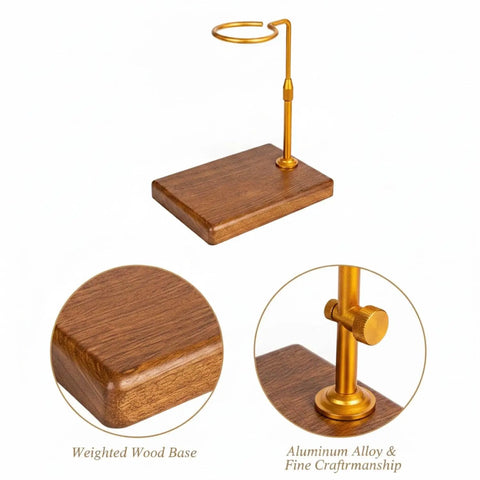 Sleek Pour Over Coffee Stand With Aluminum Dripper Holder And Solid Wood Base For Manual Brewing Stations angle showing weighted wood base and aluminum rack.