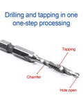 All Purpose Combination Drill And Tap Bit Set Hex Shank HSS Steel for quick drilling and tapping, showing chamfer and thread design.
