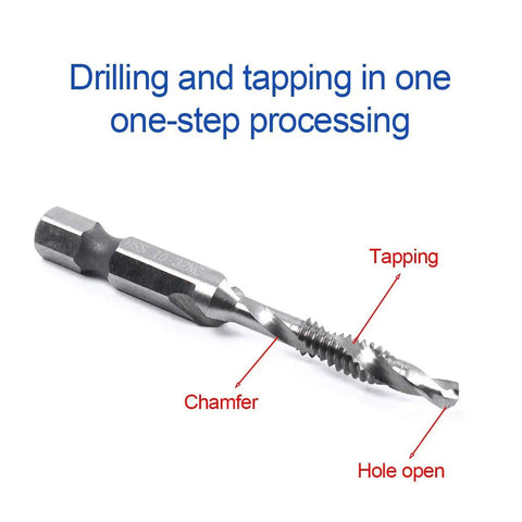 All Purpose Combination Drill And Tap Bit Set Hex Shank HSS Steel for quick drilling and tapping, showing chamfer and thread design.