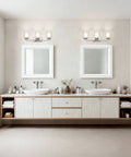 Three Light Brushed Nickel Vanity Light With Dual Glass Shades Sleek Modern Indoor Wall Mount Fixture For Bathroom