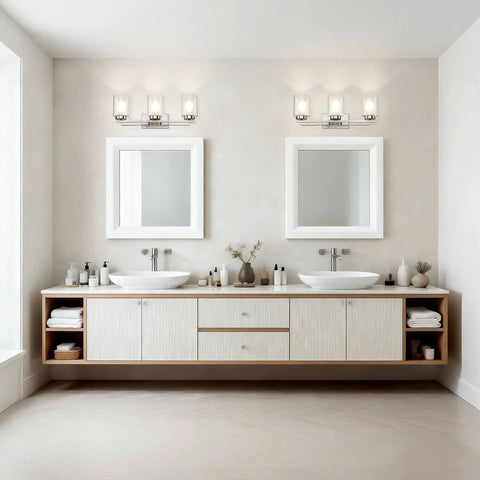 Three Light Brushed Nickel Vanity Light With Dual Glass Shades Sleek Modern Indoor Wall Mount Fixture For Bathroom