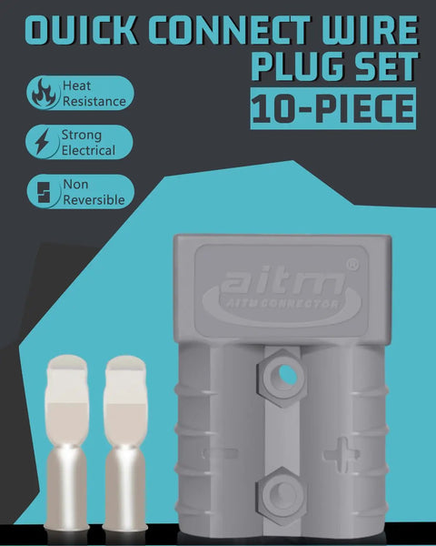 Straight Up Heavy Duty Anderson Battery Connectors 600V 50A Quick Release Power Plug Kits For Cars Trucks Motorcycles And Vans showing a 10-piece grey plug set.