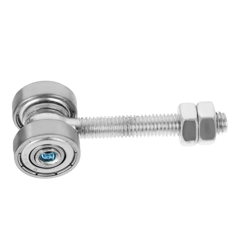 Close-up of a heavy duty sliding door wheel roller kit with double bearing steel trolley carriage and bolt.