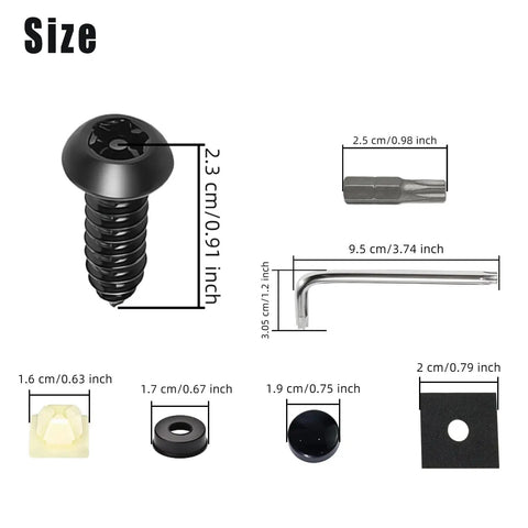 Anti Theft License Plate Screws Kit Heavy Duty Stainless Steel Security Bolts with size details and components