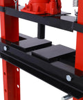 Heavy Duty 12 Ton Hydraulic Shop Press With Adjustable Work Table For Bearing Installation Metal Straightening Garage Tool, close-up of black and red frame and adjustable table.