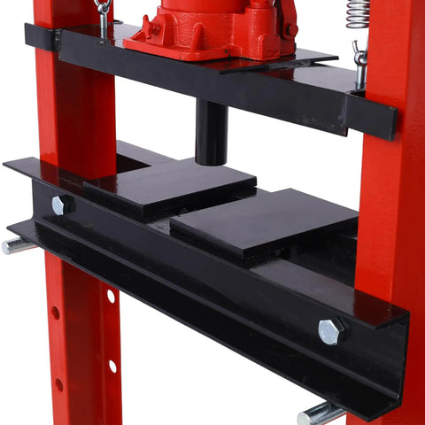 Heavy Duty 12 Ton Hydraulic Shop Press With Adjustable Work Table For Bearing Installation Metal Straightening Garage Tool, close-up of black and red frame and adjustable table.