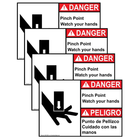 Danger Pinch Point Watch Your Hands ANSI Bilingual Safety Labels 5x3.5 Inch Vinyl Decals 4 Pack For Machinery Indoor Outdoor UV Resistant Chemical Abrasion Moisture Safe Workplace American Made