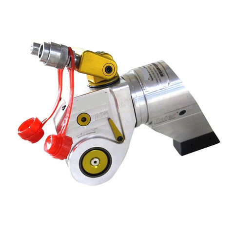 Industrial Hydraulic Torque Wrench 72000 Nm Square Drive Heavy Duty Tool with yellow accents and swivel hose attachment.