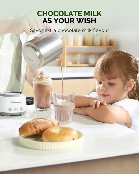 Child watching chocolate milk being poured next to 4 In 1 Barista Quality Electric Milk Frother And Steamer With 16.9 Ounce Capacity 600W Power