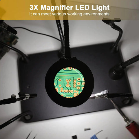 DIY Friendly Pro Grade Heavy Duty Soldering Stand With 360 Degree Rotating Clamp 3X LED magnifier showing a circuit board