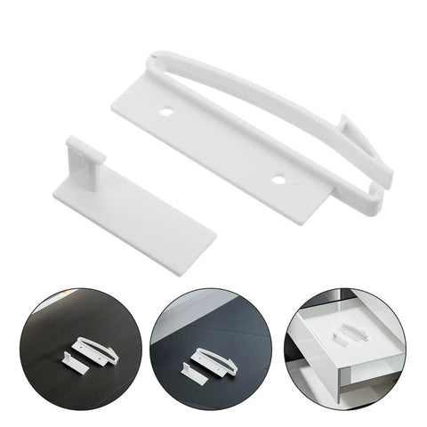 Five Sets Invisible Childproof Cabinet Locks No Tools Needed Strong Adhesive Drawer Locks in white plastic, shown on black surface