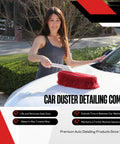 Woman using All In One Car Duster Detailing Kit With Plastic Handle Includes Standard Duster And Mini Dash Duster Red Model 62445