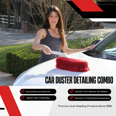 Woman using All In One Car Duster Detailing Kit With Plastic Handle Includes Standard Duster And Mini Dash Duster Red Model 62445