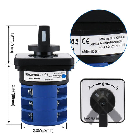 Three Position Momentary Rotary Cam Switch With Auto Reset Center 0 For Motor Reversing And Inching, 52mm body, 40A 660V