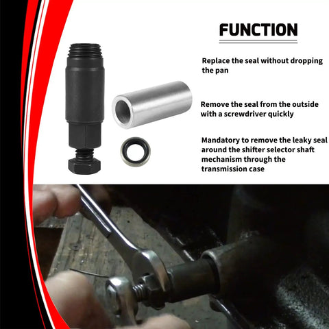 Transmission Shifter Seal Remover And Installer Tool DIY Friendly For Turbo 300 350 400 700-R4 4L60 200-4R 200C 350C 425 475 Includes Replacement Seal Kit And Guide For Quick Safe Seal Removal And Installation. Black and silver steel transmission seal tool with seal ring and wrench use