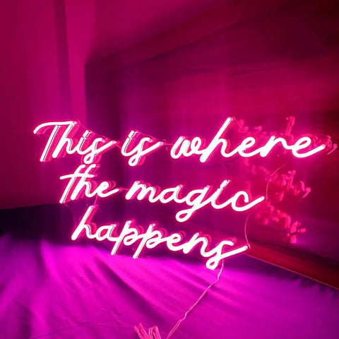 Where The Magic Happens Neon Sign Wall Decor 23 Inch LED Neon Light For Bedroom Bar Party Bright Yet Soft Glow Dimmable Night Light