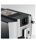 Premium Automatic Espresso Machine In Sleek Platinum Finish Packs In One Touch Brewing showing control panel and bean container.
