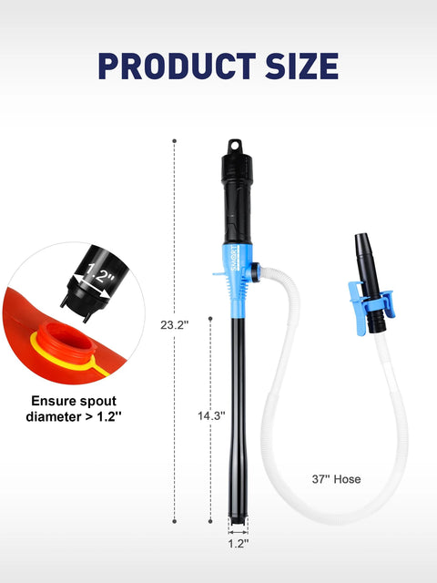 Front view of SMART JERRY battery-operated fuel transfer pump with blue/black body, 37-inch hose, locking clip.
