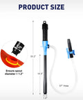 Cordless Fuel Transfer Pump For On The Go Use dimensions with 37" hose, 23.2" main body, 14.3" pump section, and 1.2" spout diameter.