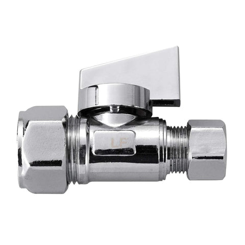 Chrome brass compression angle stop valve, side view with lever handle, 1/2 in nominal compression fittings