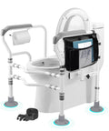 Heavy Duty Freestanding Toilet Safety Rail For Seniors And Disabled Adjustable Height And Width Sturdy Carbon Steel Frame With Wide Arms No Slip Stability Supports Up To 350 Lbs Easy Setup For Bathroom Safety And Independence supporting a toilet.