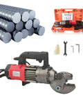 Electric Rebar Cutter Handheld Hydraulic Cut Off Machine for steel with accessories, orange case, and steel rebar in background.