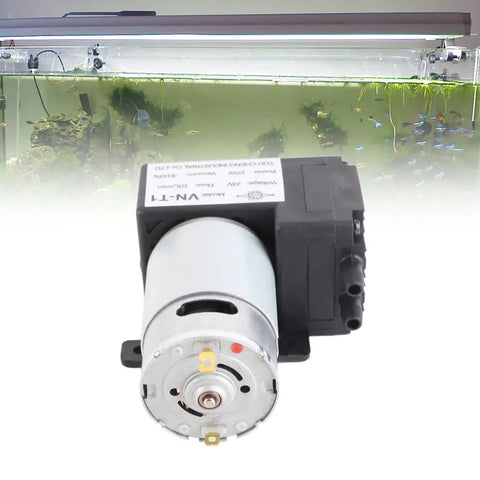 Totally Quiet DC Vacuum Pump VN T1 Workhorse With 81KPa Suction For Industrial Use Electronics And DIY Projects 10L Per Minute Flow 12V 24V Electric Drive Ideal For Pipeline Gas Systems. Front view of compact black and silver DC vacuum pump for aquarium use.