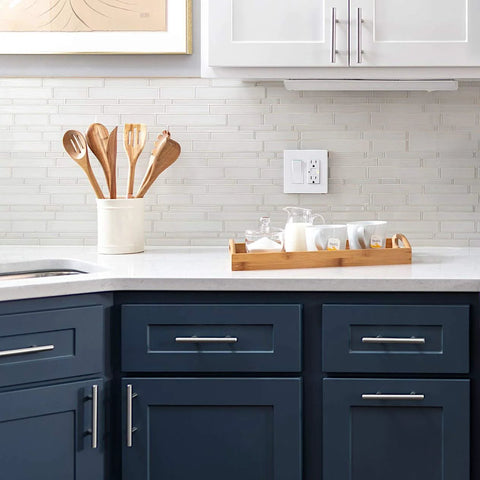 Two Pack Round Bar Cabinet Pulls Euro Style T Bar Handles 3 Inch Center To Center Mounting 5 Inch Overall Length Stainless Steel Brushed Finish shown on dark blue kitchen cabinets