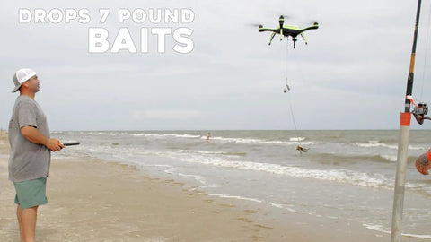 Waterproof Fishing Drone With 7 Pound Bait Release And 4K Camera flying over beach with bait in mid-air drop