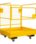 Forklift Safety Cage 36x36 Carbon Steel Man Basket With Safety Railings And Caster Wheels Work Platform For Warehouse Maintenance And Aerial Tasks Beefed Up Heavy Duty 1200 Lb Load Capacity. Yellow steel forklift safety cage with mesh sides and caster wheels