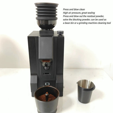 Premium Coffee Grinder Single Dose Funnel With Compact Air Blower And Durable Silicone Bean Hopper, black grinder with silicone top.