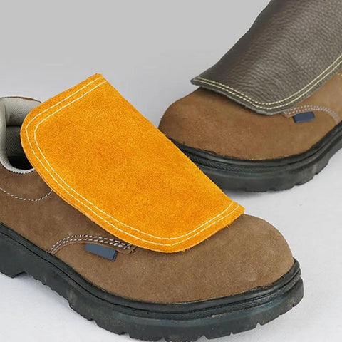Heavy Duty Welding Shoe Covers Heat Resistant Boot Covers With Anti-Scald Toe Guards, seen strapped on brown leather boots.