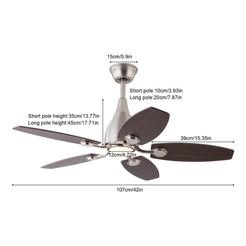 Pwefhsdjvh Ceiling Fan with LED Light 42 Inch Remote Control 5 Blades top view with dimensions, silver finish and wooden blades.