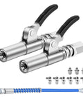 12 Piece Pro Grade Workhorse Grease Gun Coupler Kit With Lock On Tips, 12 Inch Flexible Hose And 9 Nipple Nozzles shown