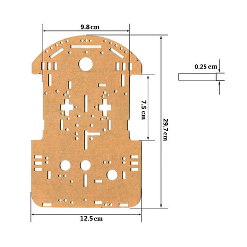 Top view of wooden board for 2WD Robot Car Chassis Kit With Universal Wheels For Arduino UNO R3 And Raspberry Pi Double Board DIY Starter System For Obstacle Avoidance Distance And Speed Testing ISP Programming Remote Control with dimensions labeled.