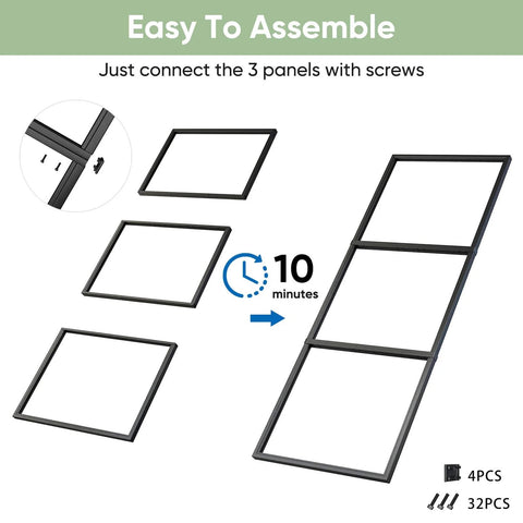 Dope 36-Inch By 84-Inch Frosted Glass Barn Door frame assembly with three panels and screws shown, emphasizing easy setup.