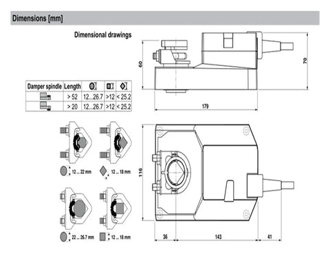 Dimensional drawing of Heavy Duty Damper Actuator 40Nm Torque AC 110V AC 220V, showing detailed measurements and design features.