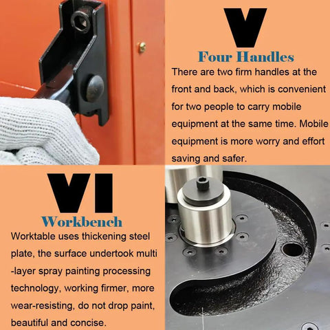 Close-up of Heavy Duty Electric Rebar Bender One Quarter Inch Steel Bar Bending Machine handles and workbench for easy operation.