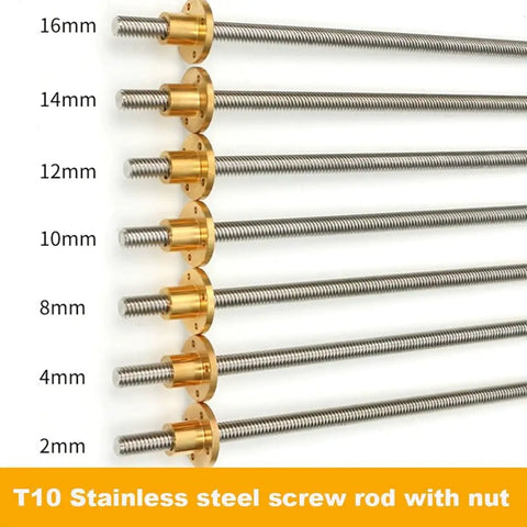 Beefed Up T10 Trapezoidal Lead Screw For 3D Printers, 10mm Diameter, 2mm Pitch, 14mm Lead, 304 Stainless Steel Rod With Copper Nut, Lengths From 100mm To 1000mm, Plug And Play Replacement With Smooth Linear Motion, T10 lead screw sizes