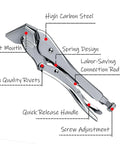 Diagram of Beefy 11 Inch Locking Pliers Spring Loaded Action Anti Rust One Handed Operation Heavy Duty Vise Grips built from high carbon steel.