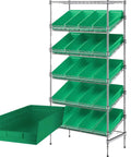Built Like A Tank 18X36X74 Inch Garage Storage Metal Rack With Twenty Smart Plastic Green Totes and No Nonsense Commercial Wire Shelving, side view
