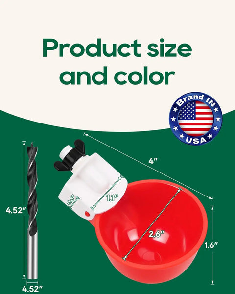 68 Piece Sleek Chicken Waterer Cups Delivering No Sweat Automatic Leak Proof Poultry Watering Station With Tee Fittings And Hole Opener For Rock Solid Hydration In Vibrant Red showing product dimensions and colors.
