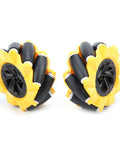 Pair of yellow Mecanum omnidirectional wheels with black rubber rollers for 80mm TT motor robot (ABS)