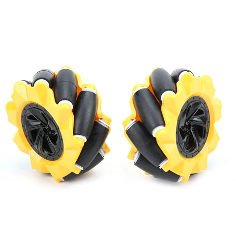 Pair of yellow Mecanum omnidirectional wheels with black rubber rollers for 80mm TT motor robot (ABS)