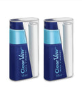Two blue eyeglass lens cleaner spray kits with microfiber cloth in clear travel cases