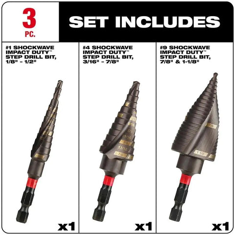 Kickstart Your Drilling Game With This Rad 3-Piece Titanium Step Bit Kit Compatible With Milwaukees And Standard Drivers Featuring Rapid Strike Tips For Fast Starts And Dual Spiral Flutes Perfect For Electrical Wiring And Mild Steel Projects Including. 3-piece titanium step drill bit set, #1 #4 #9 sizes, hex shank