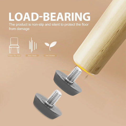 Kick Those Nasty Cabinet And Desk Shakes Flat With Heavy Adjustable Furniture Levelers And Table Feet Screw Direct Install For Chairs Tables And Bookshelves 100 Pack showing black adjustable levelers attached to wooden chair leg.