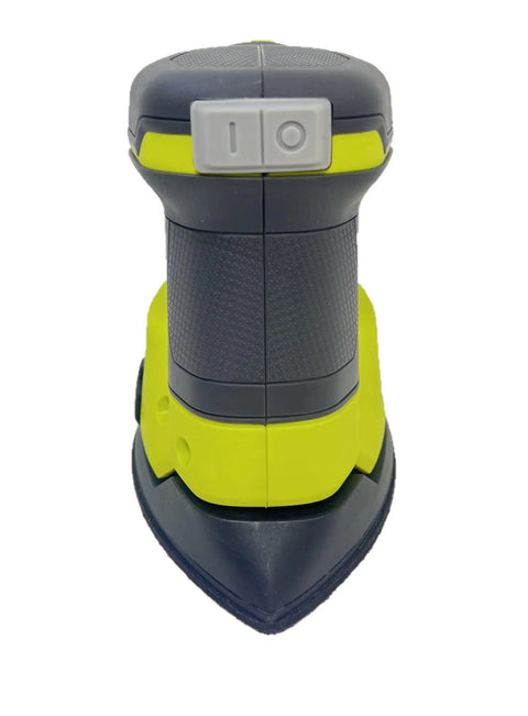Front view of Cordless 18V Corner Finish Sander For Tight Edges And Trim, Lightweight Power Tool With Variable Speed, Dust Collection Compatible.