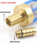 Brass Heavy Duty Inlet Filter For Hose With Three Quarter Inch And One Half Inch Barbs Stainless Steel Screen And Nylon Frame